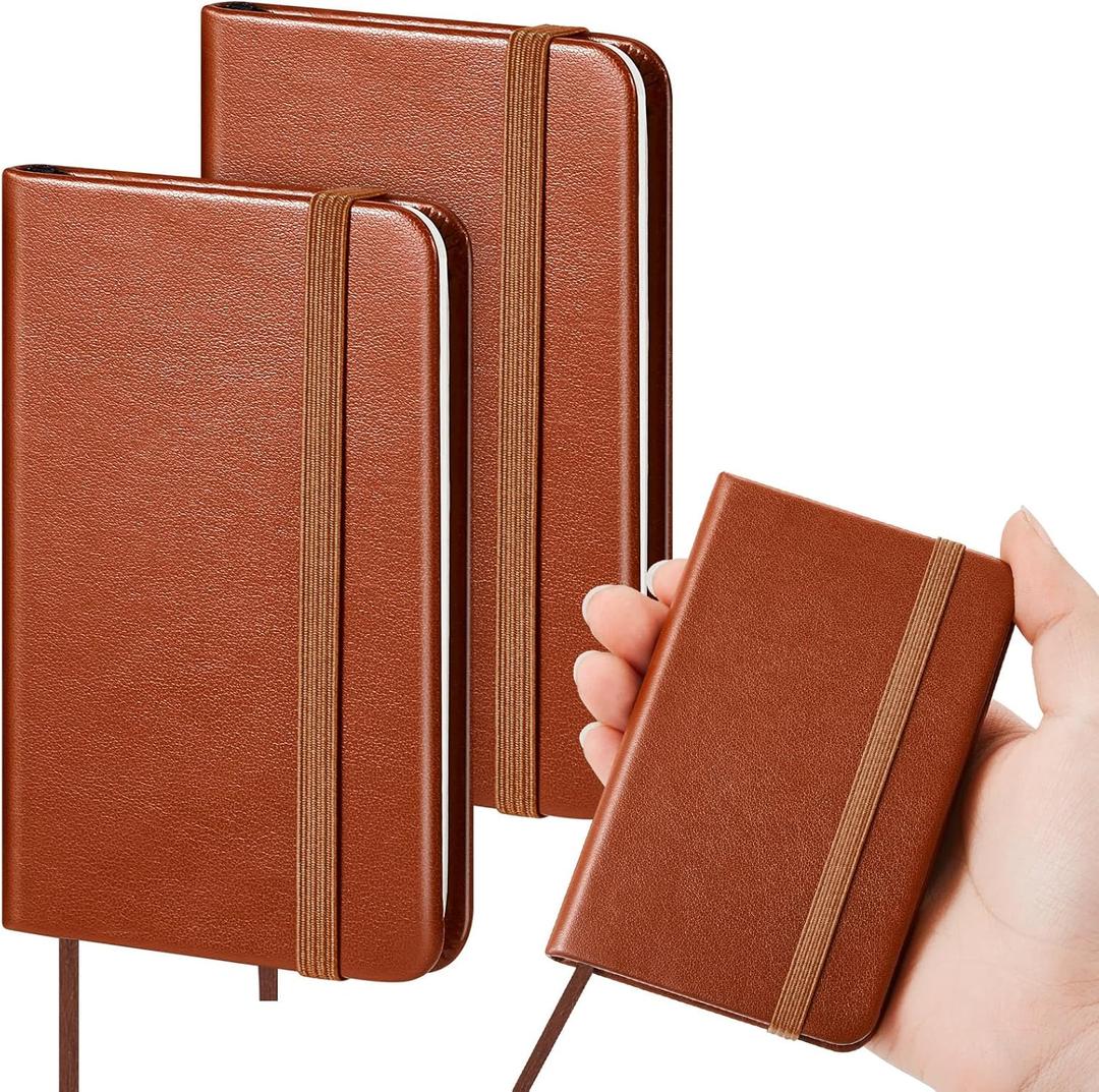 Qeeenar 2 Pcs Mini Brown Leather Pocket Notebook Bulk, 4 x 2.5 Inch Small Journal Note Book, 50 Sheets Hardcover Tiny Notepad Lined for Office Home School Writing Supplies