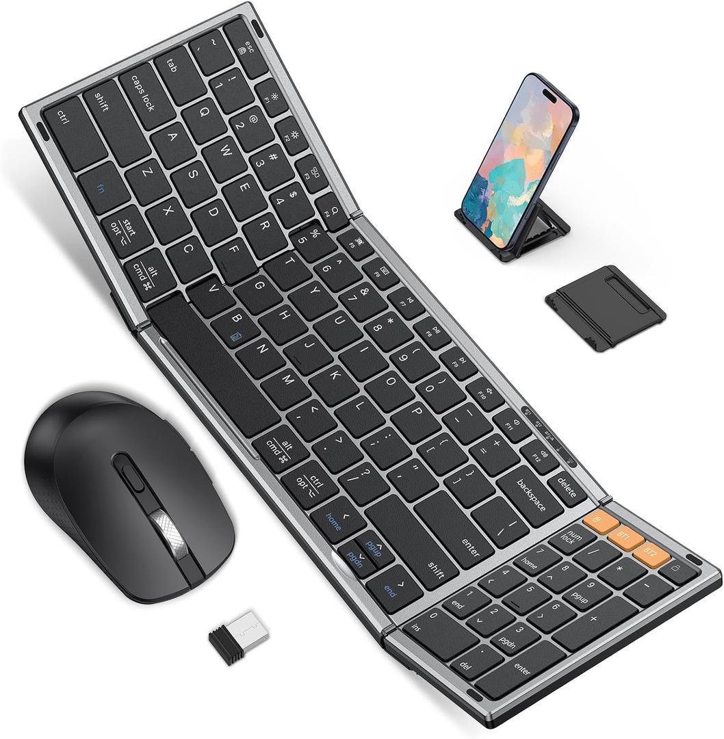Foldable Keyboard and Mouse 2.4G Wireless + Dual Bluetooth, Portable Keyboard Mouse for Business Travel, OMOTON Rechargeable Ergonomic Design for iPad Android Tablet MacOS Windows Laptop, Space Grey