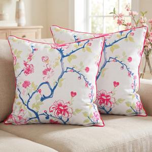 2 Pcs Chinoiserie Pillow Covers 18 X18 Floral Leaves Cushion Covers Vintage Cottage Core Decor Farmhouse Pillowcase for Home Sofa Bed Couch Living French Country Decor(Pink Green)