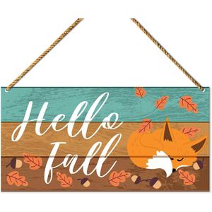 Hello Fall Wood Sign Decor, Fall Wall Decor for Home Porch Farmhouse Living Room Autumn Front Door Decorations Fox Thanksgiving Harvest Hanging Sign Decor, Sleeping Fox.