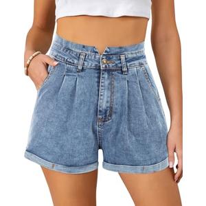 Women's Vintage Denim Shorts High Rise Stretchy Folded Hem Short Jeans with Pockets Dark Blue M