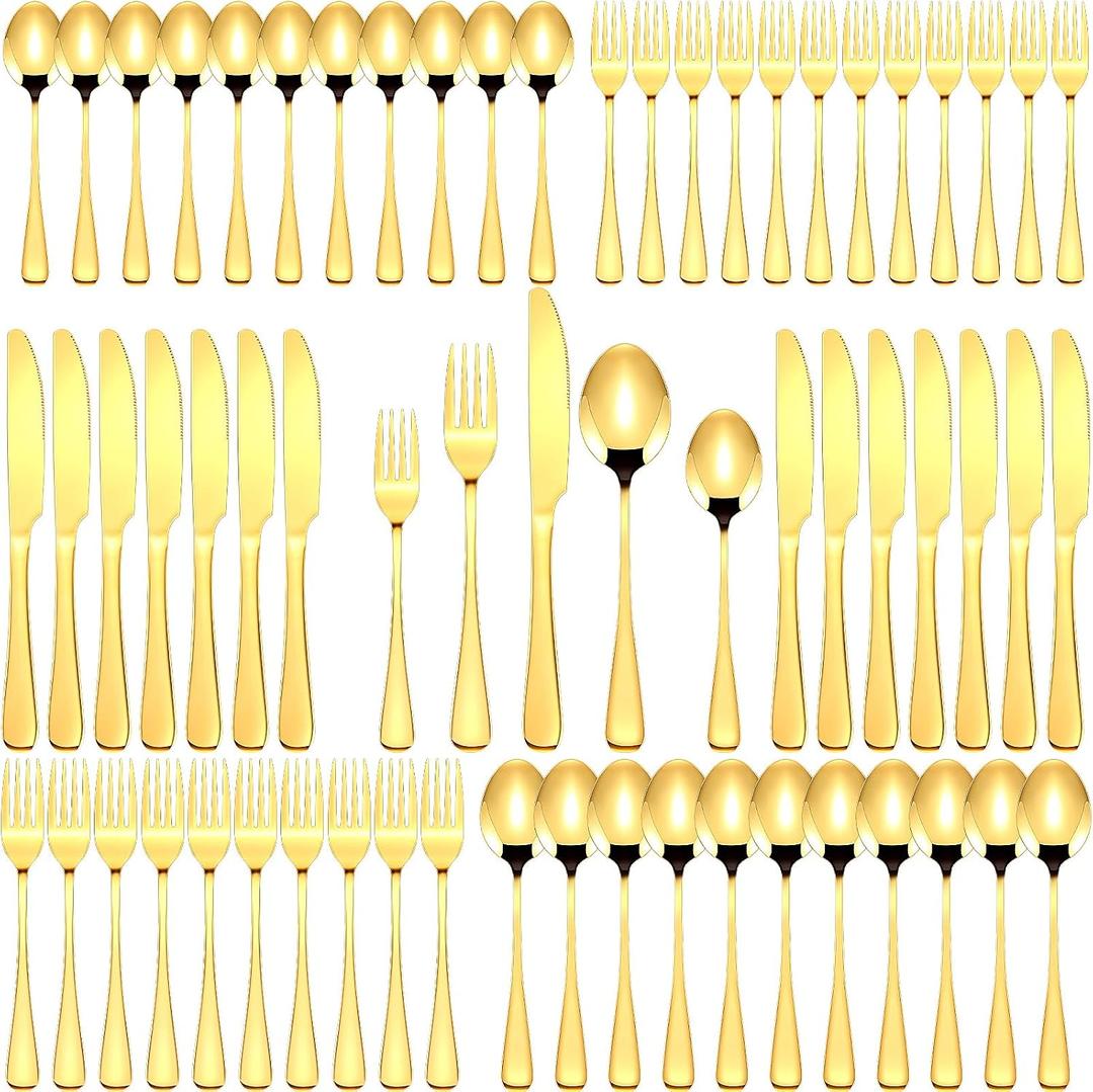 Dandat 300 Pcs Gold Silverware Set Stainless Steel Set with Dinner Forks Knife Spoon Dessert Forks Steak Knives Cutlery Flatware for 60 Guest Wedding Dinner Party Restaurant Home Holiday Party