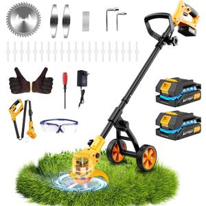Electric Weed Wacker Cordless with Wheels,Electric Weed Eater Battery Powered 4000mAh,4 in 1 Grass Trimmer/Brush Cutter/Grass Edger/Small Lawn Mower,No String Trimmer with Blade, 2 Battery (Yellow)