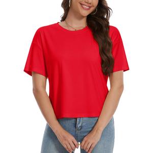 YUCOLEN Women Summer Short Sleeve Crop Tops Loose UPF50+ Breathable Crewneck Cropped T Shirts Solid Baisc Tees Workout Tops Tomato Red, S