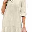 Womens Tunic Shirt Mini Dress Long Sleeve Cotton Short Dress Button Up Ruffle Hem Shift Dresses (Medium,)