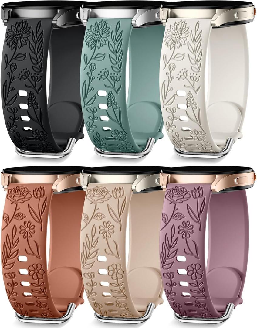 SNBLK 6 Pack Floral Engraved Bands Compatible with Samsung Galaxy Watch 7 Band 6 5 4 Active 2 FE 40mm 44mm/Watch 6/4 Classic/5 Pro/3, 20mm Cute Flower Silicone Sport Strap for Samsung Watch Bands Women (Black/Pine Green/Starlight/Brown/Milk Tea/Smoke Violet)
