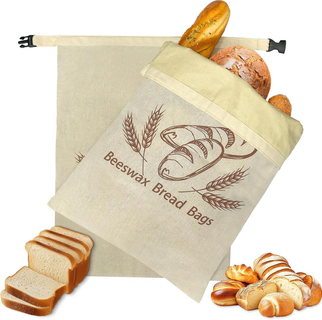 2 Pack Sourdough Beeswax Bread Bags for Homemade Bread Storage with Lining, Cotton Linen Reusable Breads Bag Beeswax Wraps for Food, Sourdough Breads Storage to Keep Fresh, Freezer Healthy Container