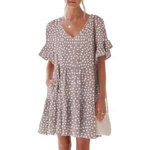 nclook Womens Summer Casual Dress Sweet Cute V Neck Mini Dress with Pocket (X-Large, Khaki Print)