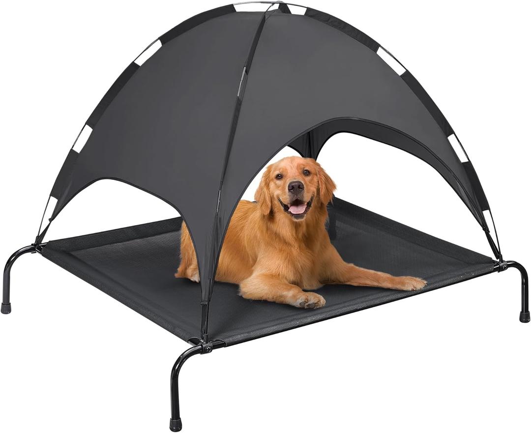 PRAISUN XL Outdoor Dog Bed with Canopy, Elevated Dog Bed, Textilene Mesh, Metal Frame for Indoors, Outdoors, Lawn, Black