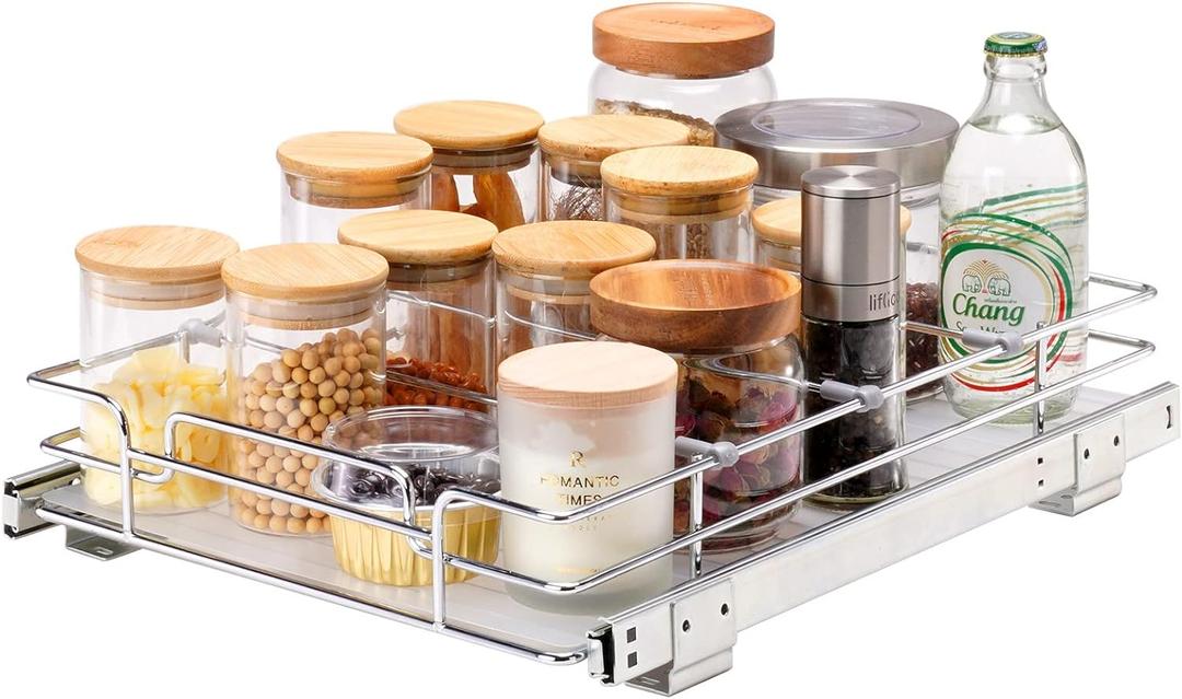 VEVOR 12.5"Wx16.5"Dx3.5"H Pull Out Cabinet Organizer, Heavy Duty Slide Out Pantry Shelves, Chrome-Plated Steel Roll Out Drawers Storage, for Home, Under Sink, 14"Wx17.5"Dx7"H Install Size for Cabinet