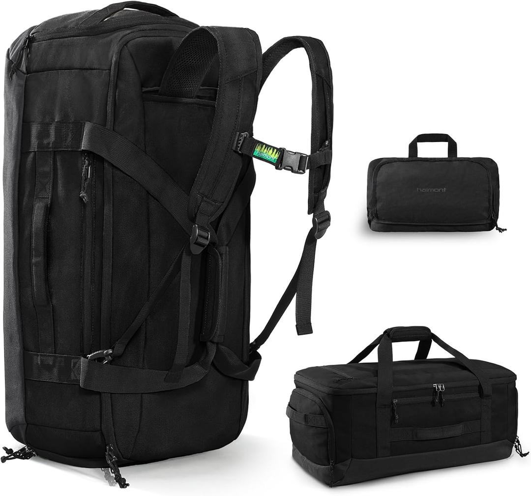 Haimont 60L Foldable Duffle Bag Backpack with Shoe Compartment, Large Travel Duffel for Gym, Sports, Luggage, Camping, Men & Women, Black