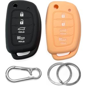 2-Pack Click&Fit Silicone Key Fob Covers Compatible with Hyundai Tucson 2015-18, Santa Fe 2013-2018, Sonata 2014-2019  Car Remote Key Shell Rubber Protector 4-Buttons, Black+Peach