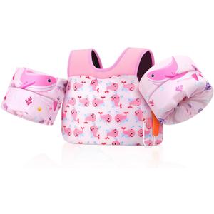 MoKo Toddler Swim Vest for Kids, Arm Floaties for Toddler 20-30-50 lbs, Water Wings with Emergency Whistle, Cute Arm Band Pool Floaties Swim Training Equipment for Beach, Pool, Pink Whale
