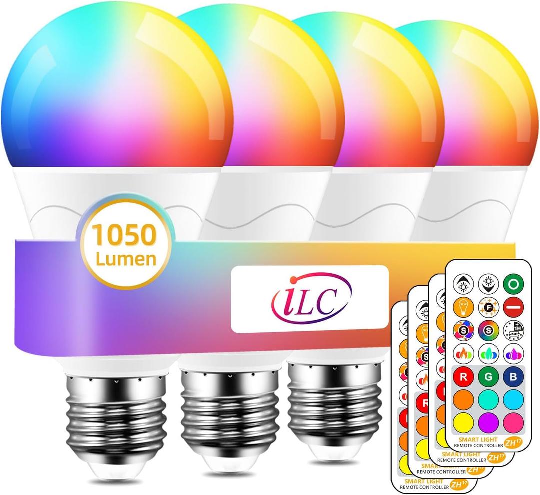 ILC LED Light Bulb 85W Equivalent, Color Changing Light Bulbs 2700K Warm White, Remote Control RGB 6 Modes, Timing, Sync, Dimmable E26 Screw Base (4 Pack)