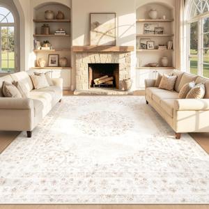 Area Rug 8x10 Vintage Rug: Large Washable Indoor Medallion Rugs Low Pile Distressed Floor Carpet Retro Accent Rug for Living Room Bedroom Kitchen Dining Table Home Office(Distressed Beige, 8'x10')
