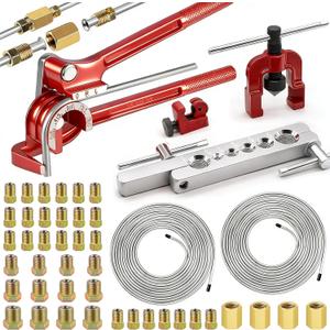 smseace 55Pack 3/16 Inch+3/16 Inch Brake line kit Include 25 FT Zinc-Plated Brake Lines with Fitting(32pcs Fittings,4pcs Union+8pcs Nut) Brake line Bender,Single Flare Tool,Cutter Brake line kit (Silver)