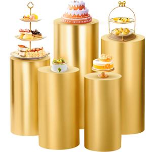 SaitiMade Set of 5 - Gold Cylinder Pedestal Stand Covers, Flexible Cylinder Stand Covers for Party, Wedding or Birthday Event Decor - Only Contains Cylinder Covers