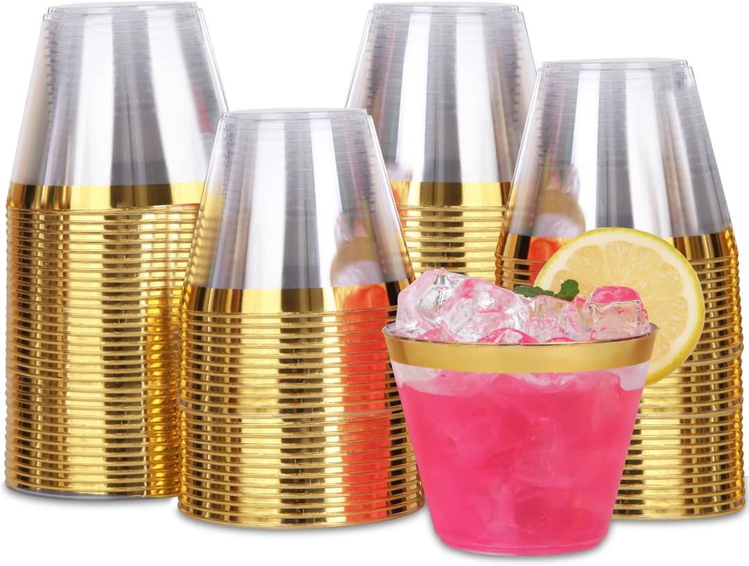 Tobvory 100 Pack Gold Rimmed Plastic Cups - 9 oz Hard Clear Plastic Cups, Premium Disposable Cup For Cocktail And Drinking - Food Grade Party Cups Set - Sturdy Tumbler Cup - Gold Rim