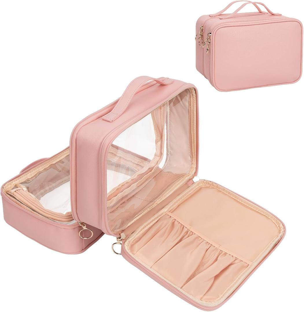 OCHEAL Makeup Bag, Double Layer Cosmetic Bag, Large Capacity New Look Clear Cosmetic Case for Women Travel Beauty Essentials, Multiple Compartments Makeup Case Organizer Zipper Pouch- Pink