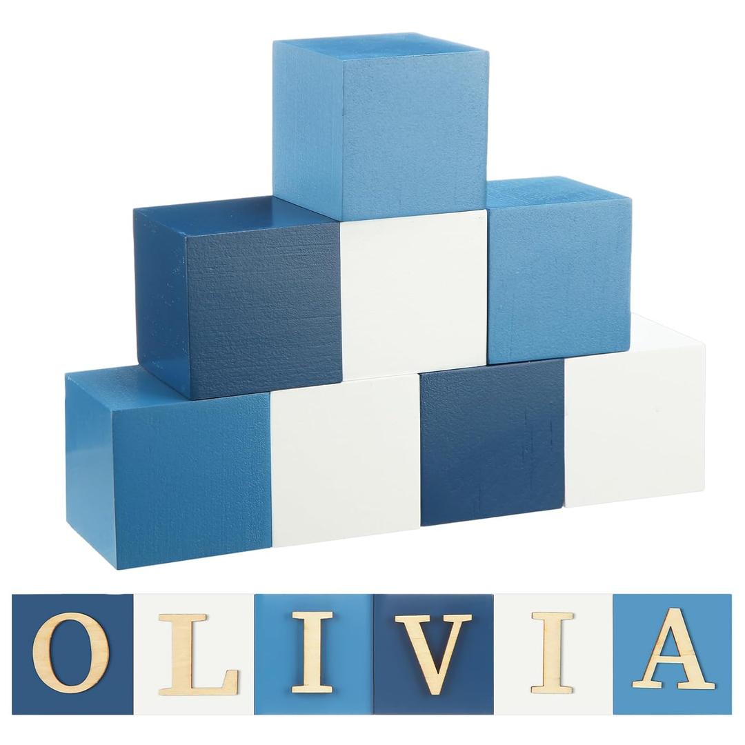 Kigley 8 Pcs Custom Wooden Name Sign 8 Letter Blocks and 78 Wooden Letter Name Wooden Cubes Wooden Blocks for Montessori Shower Name Alphabet Wood Signs