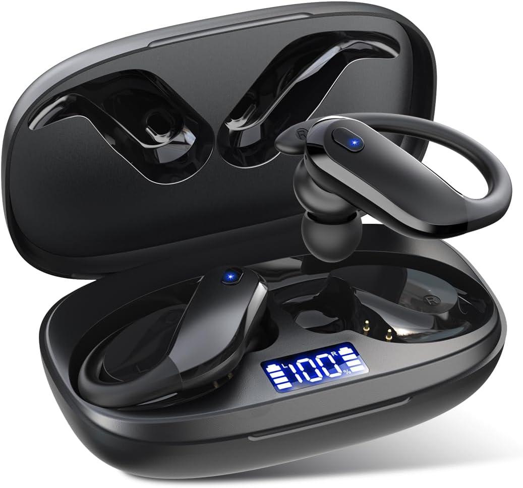 NDO Wireless Earbuds Bluetooth 5.3 Headphones Sport,IPX7 Waterproof Sports Earphones with Earhooks,48H Playtime,Lightweight 7.8g,Fast Charging Case,Noise Cancelling Mic for Running Gym Workout-Black