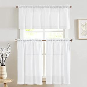 jinchan Linen Kitchen Curtains and Valance Set Tier Curtains 24 Inch Length for Cafe Living Room Bedroom Bathroom Farmhouse Rustic Country Small Drapes 3 Piece Set Rod Pocket White
