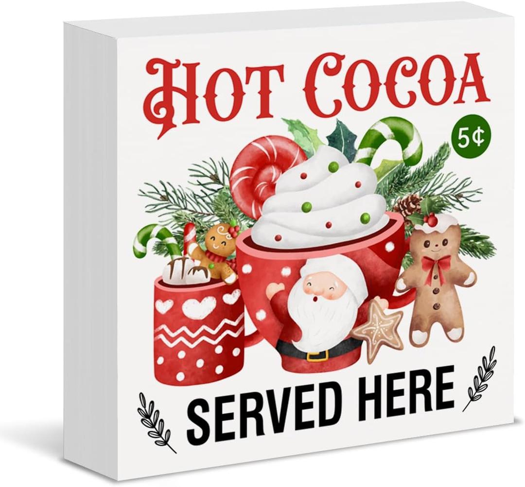 Christmas Sign Hot Cocoa Bar Decor Hot Cocoa Served Here Wood Block Sign for Kitchen Chocolate Station Table Desk Shelf Decoration