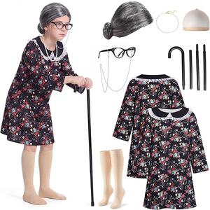 Mprocen Old Lady Costume for Kid 100 Days of School Costume for Girl Granny Nightgown Dress Wig Cane Dress up Accessories Set
 Size 5-7 Y