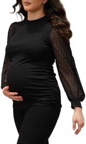 Bhome Mock Neck Maternity Shirt Ribbed Knit Maternity Blouse Mesh Long Sleeve Fitted Pregnant Top, S