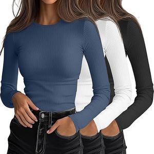 3 Count Women's Long Sleeve Shirts, Black, White, Navy Blue, L