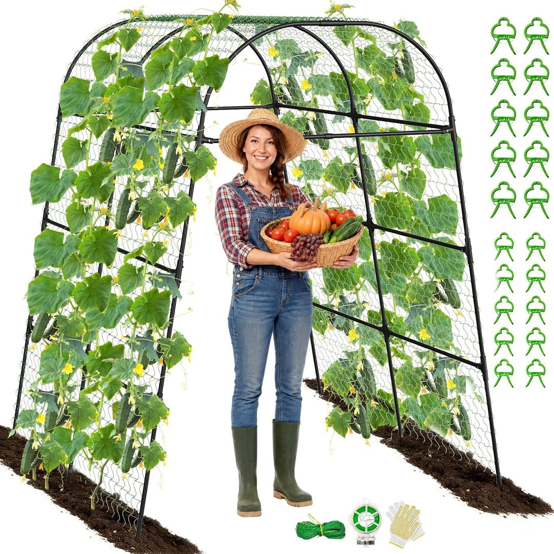 Heavy Duty Garden Arch Trellis for Climbing Plants, 20mm Thick Rustproof Metal Frame, Easy Assembly No Tools, 7.2ft Tall Vine Support with Netting & Gloves for Cucumbers Beans Roses