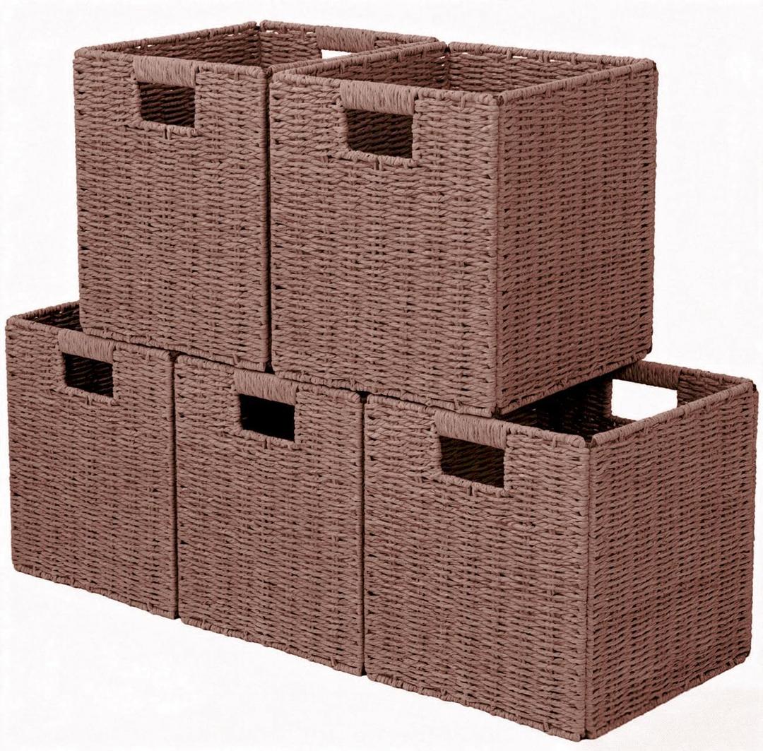 10.5x10.5'' Set of 5 Cube Storage Baskets, Natural Paper Rope Multipurpose Collapsible Organizers, Woven Laundry Totes for Laundry, Storage Cubes,Wicker Baskets Laundry Organizer Totes for Home
