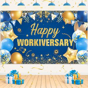 Happy Workiversary Blue Gold Banner Decorations - Employee Appreciation Backdrop for Work Anniversary Celebration