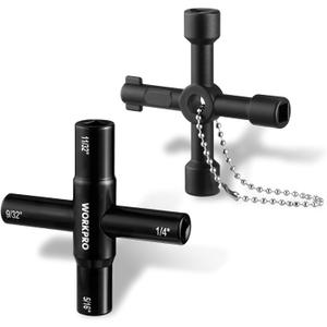 WORKPRO 2PC 4 Way Water Key Wrench, 40Cr Universal Utility Sillcock Key and Multifunctional Heavy-Duty Water Valve Key Tool for Faucet, Spigot, Electric Meter & Cabinet, 1/4", 9/32", 5/16", 11/32"