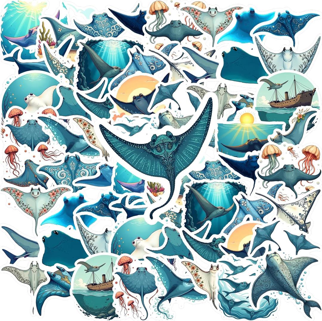 35Pcs Devilfish Stickers for Kids Waterproof Ocean Animal Manta Ray Sticker for Water Bottle Laptop Scrapbooking Skateboard Luggage Manta Ray Party Favor Decor Ideal Gifts for Boy Girl Teacher Rewards