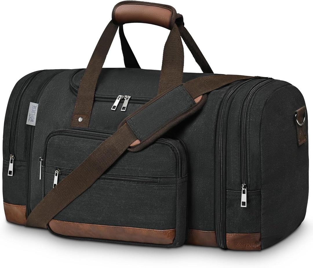 Wohlbege Duffle Bag for Travel,Overnight Weekend Gym Carry On Luggage Bag, 50L Canvas Travel Duffel Bag for Men Women, Expandable Spacious Travel Duffel Bag, Black
