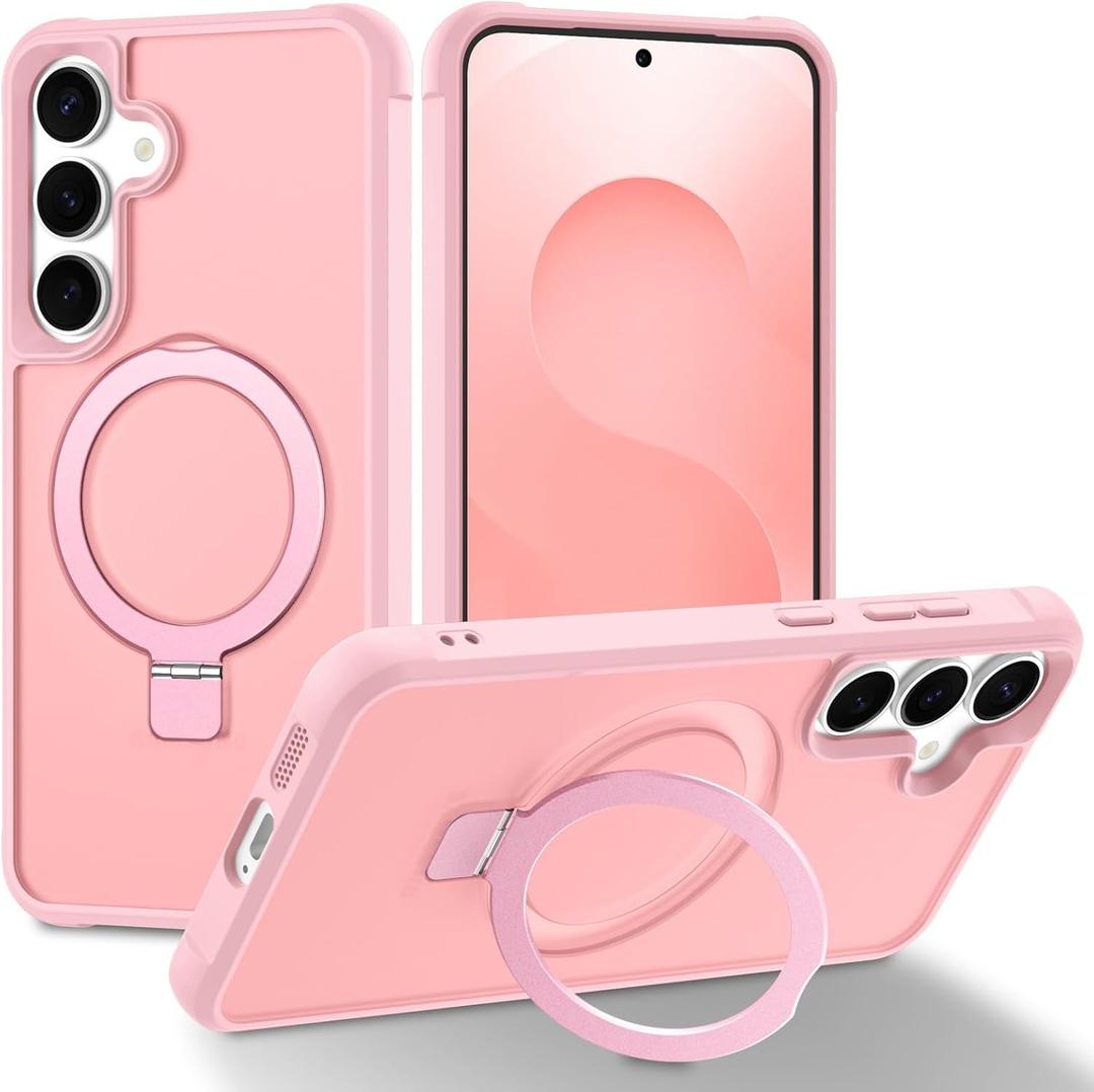 Magnetic Compatible with Samsung Galaxy S25+ & S24+ Case with Stand [Military Grade Drop][Compatible with Magnet] Ring Holder Translucent Slim Hard Back Soft Edge, Pink