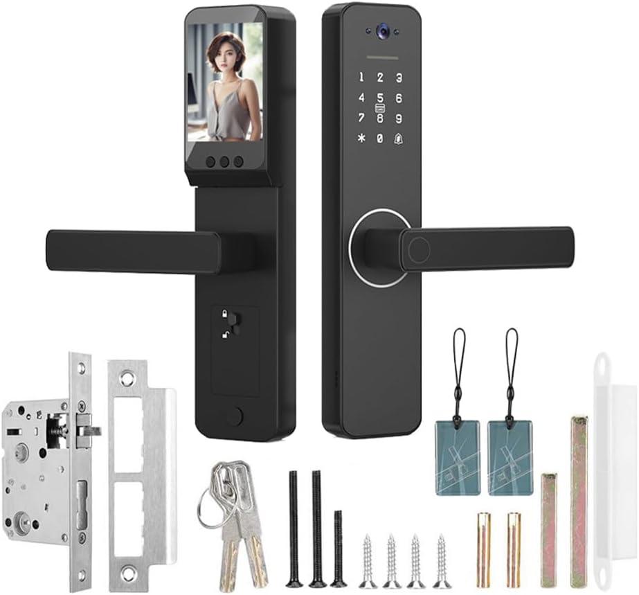 Smart Lock with 120 Wide-Angle Camera and Smart Doorbell Keyless Entry Door Lock Handle Aluminum Alloy Biometric Door Lock TY App Remote Operation WiFi for 35-60mm Office Home Bedroom Door