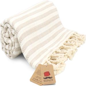Bazaar Anatolia Turkish Bath Towel  100% Cotton, Quick Dry Boho Farmhouse Decor, Autumn Throw Blanket for Bathroom  Oversized 71x39 Inches  Arpa Beige