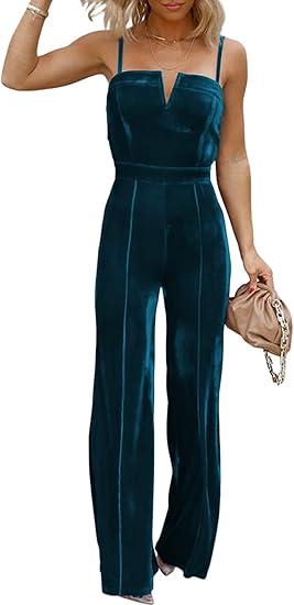 BLENCOT Sleeveless Velvet Jumpsuits For Women V Neck Spaghetti Straps Wide Leg Long Pants Dressy Rompers Winter Overalls XL