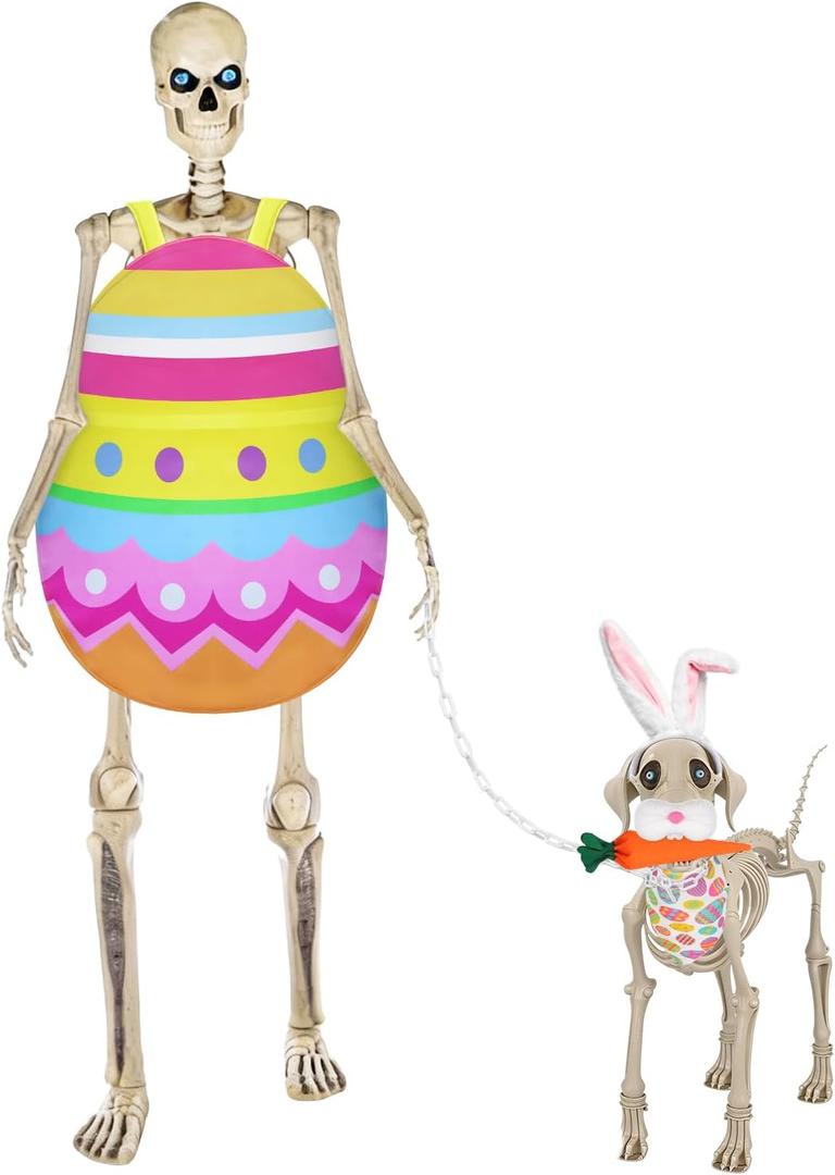 6 Pcs Easter Giant Skeleton Costume Set for 12ft Skeleton & 7ft Skeleton Dog Easter Egg Costume , Bunny Ear Headband, Carrot Prop, 8.2 ft Dog Leash, for Spring Yard Decor (Skeletons Not Included)