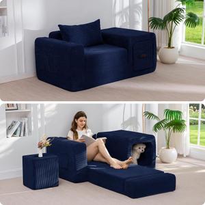 MAXYOYO Folding Sofa Couch, Convertible Floor Sofa with Armrest, Multifunctional Sofa with Pillow and Pockets, Boneless Couch for Living Room, Navy, Standard