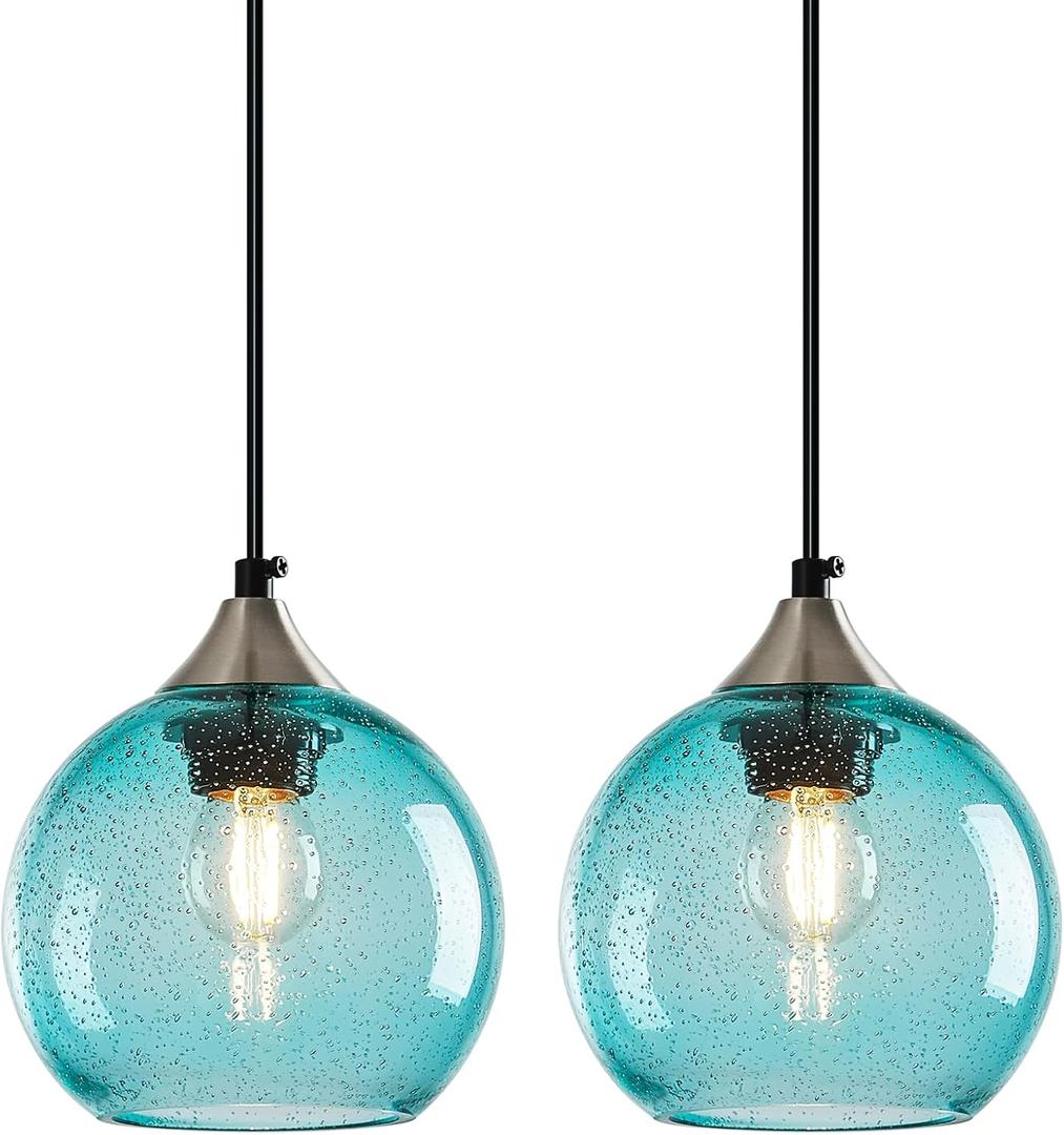 Light Blue Glass Pendant Lights Kitchen Island Globe Pendant Light Fixtures Modern Pendant Lighting for Bedroom Living Dining Room Light Fixture (5.9 in, 2 Pack)