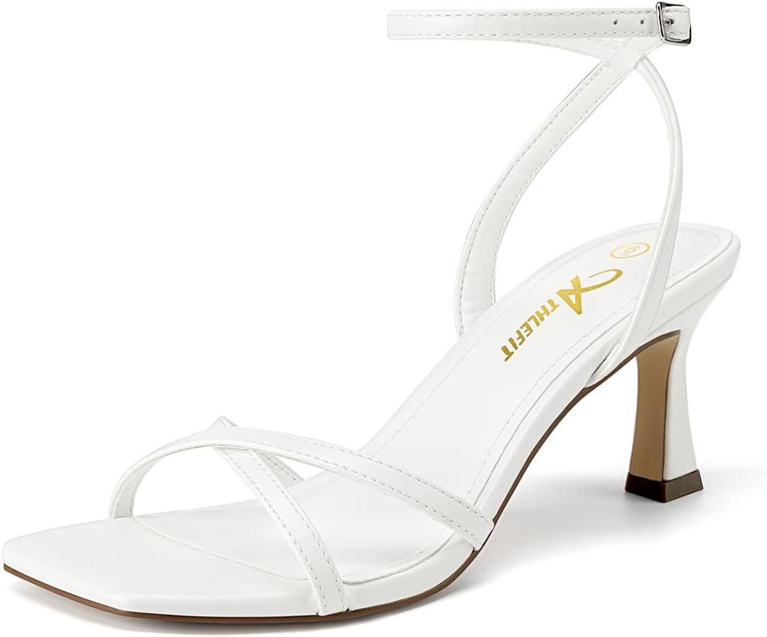 Athlefit Kitten Heels for Women Square Open Toe Strappy Heeled Sandals Ankle Strap Dress High Heels for Prom Party Wedding, Size 8.5