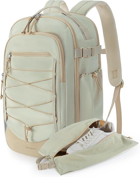 BAGSMART Carry On Travel Backpack, 17 Inch Large Travel backpack Carry On Flight Approved, Anti-theft Personal Item Backpack Travel Bag With Shoe Bag, 30L Water Resistant Casual Daypack, Beige