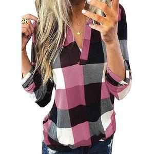 Dokotoo Womens Basic Casual V Neck Plaid Print Cuffed Long Sleeve Work Tops Blouses Shirts (Large, Pink)