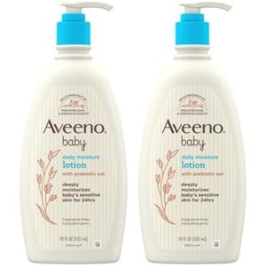 Aveeno Baby Daily Moisture Body Lotion for Sensitive Skin, Hypoallergenic Moisturizing Baby Lotion with Nourishing Oat to Deeply Moisturize Baby's Skin, Fragrance-Free, 18 fl. oz, 2 Pack