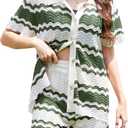 Moreone 2 Piece Lounge Set Women Short Sleeve Striped Crochet Knit Sets Two Piece Button Up Pajamas with Drawstring Shorts Matching Set Green M