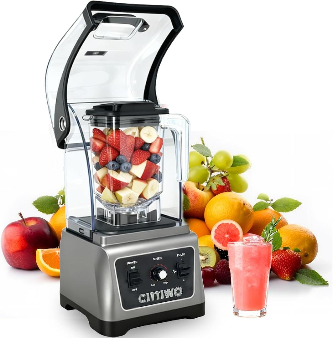 Cittiwo Commercial Blender Heavy Duty Restaurant with 64oz Jar, 2200W Professional-Grade Smoothie Blender, Ice Crush, Frozen Drinks, Quiet Shield, Self-Cleaning
