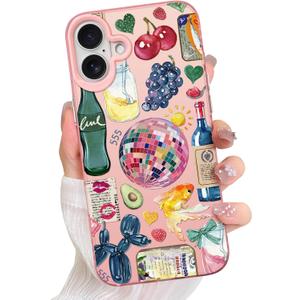 Compatible with iPhone 16 Plus Case Cute Aesthetic for Women Girls, Classic Retro Western Grapes Fruit Drinks Fish Bow Collage Phone Case, Shockproof Protective Cover